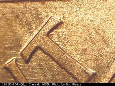 Die-stage B marker on 1995D•1DR•001 (1995 Doubled Die Reverse).