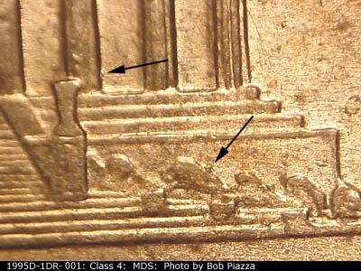 Die-stage B marker on 1995D•1DR•001 (1995 Doubled Die Reverse).