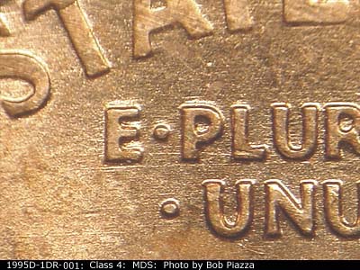 Die-stage B marker on 1995D•1DR•001 (1995 Doubled Die Reverse).