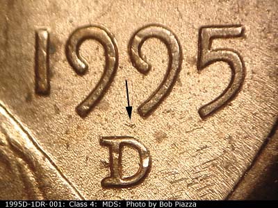 Die-stage B marker on 1995D•1DR•001 (1995 Doubled Die Reverse).