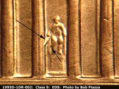 Die-stage A marker on 1995D•1DR•002 (1995 Doubled Die Reverse).