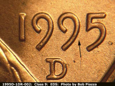 Die-stage A marker on 1995D•1DR•002 (1995 Doubled Die Reverse).