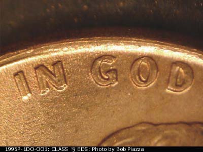 Die-stage A marker on 1995P•1DO•001 (1995 Doubled Die Obverse).