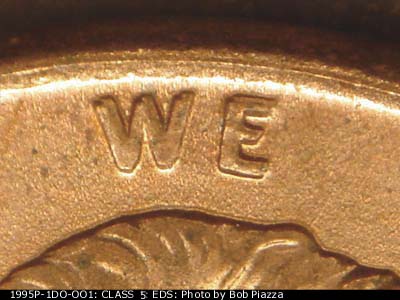 Die-stage A marker on 1995P•1DO•001 (1995 Doubled Die Obverse).