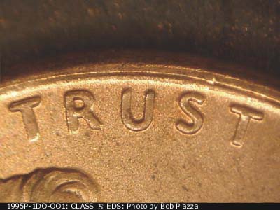 Die-stage A marker on 1995P•1DO•001 (1995 Doubled Die Obverse).