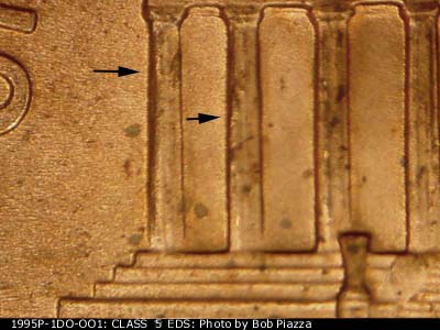 Die-stage A marker on 1995P•1DO•001 (1995 Doubled Die Obverse).