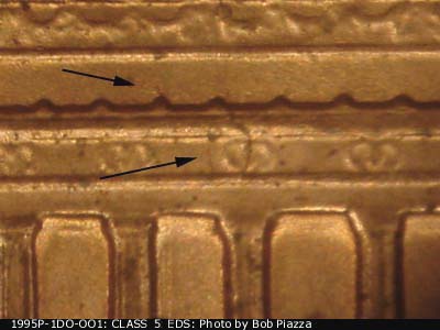 Die-stage A marker on 1995P•1DO•001 (1995 Doubled Die Obverse).