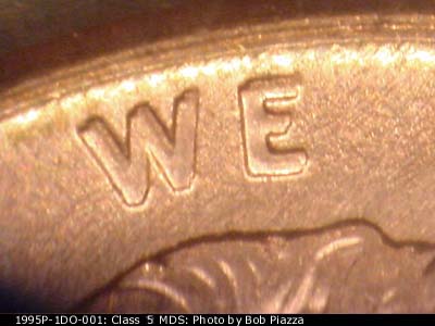 Die-stage B marker on 1995P•1DO•001 (1995 Doubled Die Obverse).