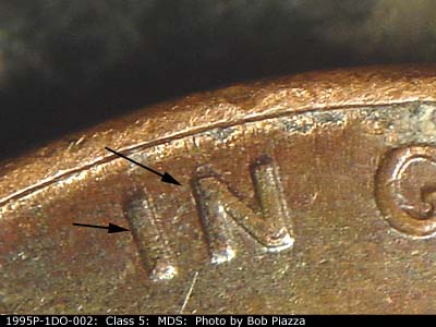 Die-stage B marker on 1995P•1DO•002 (1995 Doubled Die Obverse).