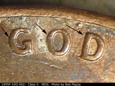 Die-stage B marker on 1995P•1DO•002 (1995 Doubled Die Obverse).