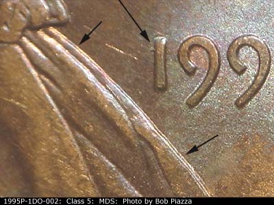 Die-stage B marker on 1995P•1DO•002 (1995 Doubled Die Obverse).