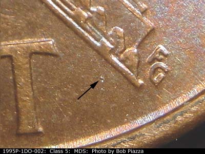 Die-stage B marker on 1995P•1DO•002 (1995 Doubled Die Obverse).