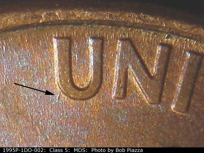 Die-stage B marker on 1995P•1DO•002 (1995 Doubled Die Obverse).
