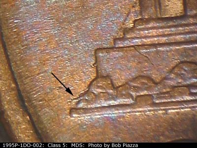 Die-stage B marker on 1995P•1DO•002 (1995 Doubled Die Obverse).