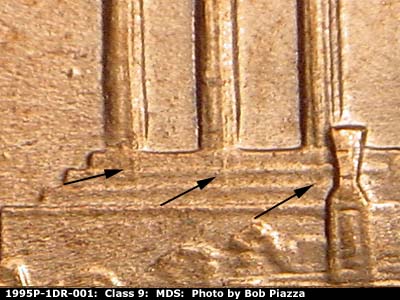 Die-stage B marker on 1995P•1DR•001 (1995 Doubled Die Reverse).