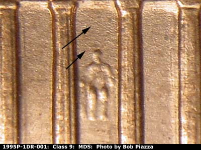 Die-stage B marker on 1995P•1DR•001 (1995 Doubled Die Reverse).