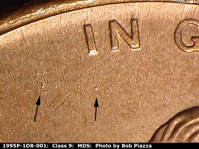 Die-stage B marker on 1995P•1DR•001 (1995 Doubled Die Reverse).