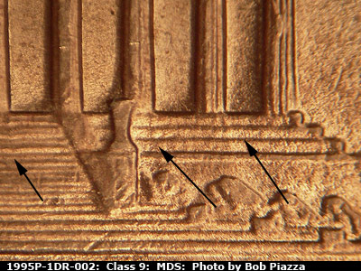 Die-stage B marker on 1995P•1DR•002 (1995 Doubled Die Reverse).