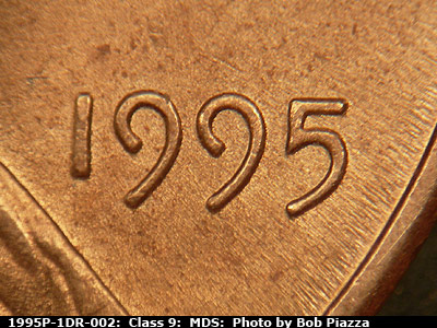 Die-stage B marker on 1995P•1DR•002 (1995 Doubled Die Reverse).