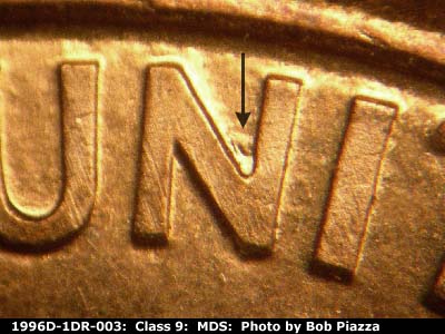 Die-stage B marker on 1996D•1DR•003 (1996 Doubled Die Reverse).