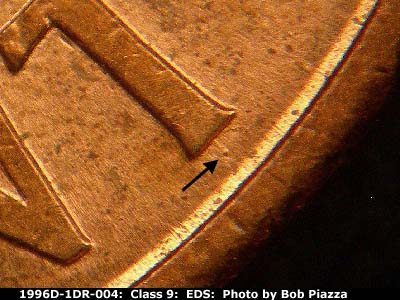 Die-stage A marker on 1996D•1DR•004 (1996 Doubled Die Reverse).