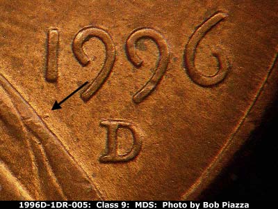 Die-stage B marker on 1996D•1DR•005 (1996 Doubled Die Reverse).