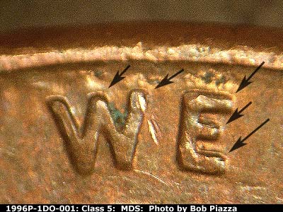 Die-stage B marker on 1996P•1DO•001 (1996 Doubled Die Obverse).