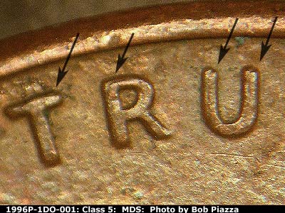Die-stage B marker on 1996P•1DO•001 (1996 Doubled Die Obverse).