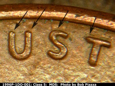 Die-stage B marker on 1996P•1DO•001 (1996 Doubled Die Obverse).