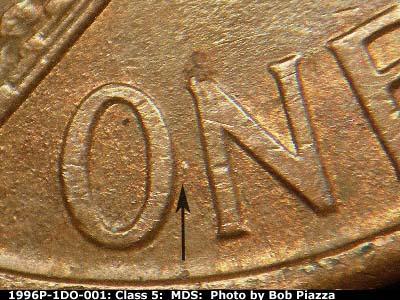Die-stage B marker on 1996P•1DO•001 (1996 Doubled Die Obverse).