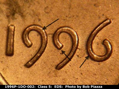 Die-stage A marker on 1996P•1DO•002 (1996 Doubled Die Obverse).