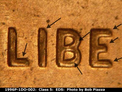 Die-stage A marker on 1996P•1DO•002 (1996 Doubled Die Obverse).