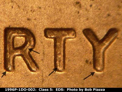 Die-stage A marker on 1996P•1DO•002 (1996 Doubled Die Obverse).
