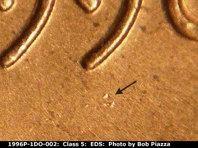 Die-stage A marker on 1996P•1DO•002 (1996 Doubled Die Obverse).