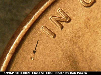 Die-stage A marker on 1996P•1DO•002 (1996 Doubled Die Obverse).