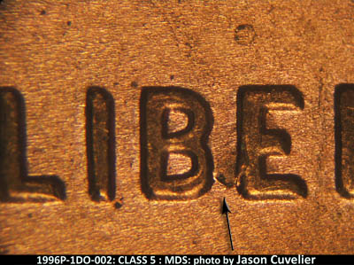 Die-stage B marker on 1996P•1DO•002 (1996 Doubled Die Obverse).