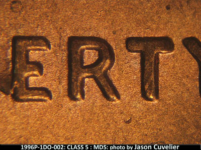 Die-stage B marker on 1996P•1DO•002 (1996 Doubled Die Obverse).