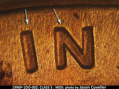 Die-stage B marker on 1996P•1DO•002 (1996 Doubled Die Obverse).