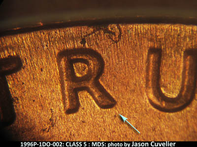 Die-stage B marker on 1996P•1DO•002 (1996 Doubled Die Obverse).