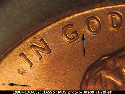 Die-stage B marker on 1996P•1DO•002 (1996 Doubled Die Obverse).