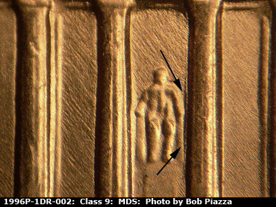 Die-stage B marker on 1996P•1DR•002 (1996 Doubled Die Reverse).