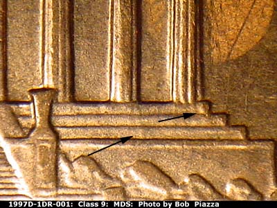 Die-stage B marker on 1997D•1DR•001 (1997 Doubled Die Reverse).
