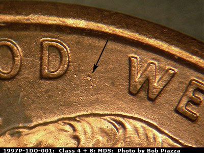 Die-stage B marker on 1997P•1DO•001 (1997 Doubled Die Obverse).