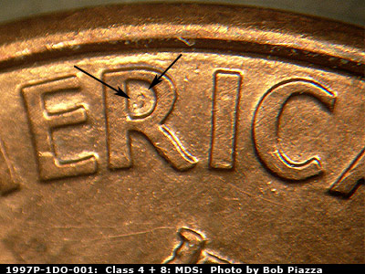 Die-stage B marker on 1997P•1DO•001 (1997 Doubled Die Obverse).