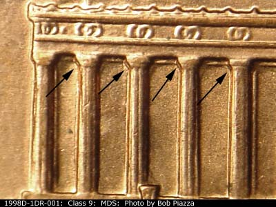 Die-stage B marker on 1998D•1DR•001 (1998 Doubled Die Reverse).