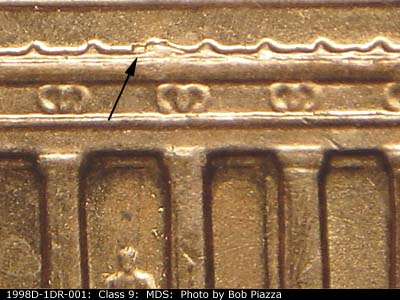 Die-stage B marker on 1998D•1DR•001 (1998 Doubled Die Reverse).