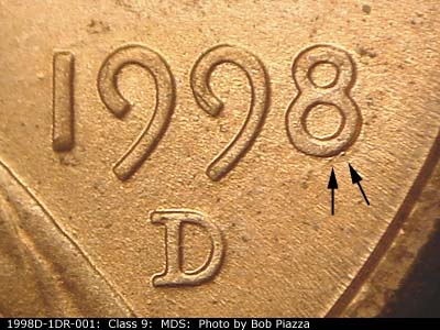 Die-stage B marker on 1998D•1DR•001 (1998 Doubled Die Reverse).