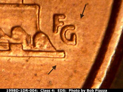 Die-stage A marker on 1998D•1DR•004 (1998 Doubled Die Reverse).