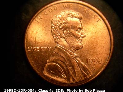 Die-stage A marker on 1998D•1DR•004 (1998 Doubled Die Reverse).