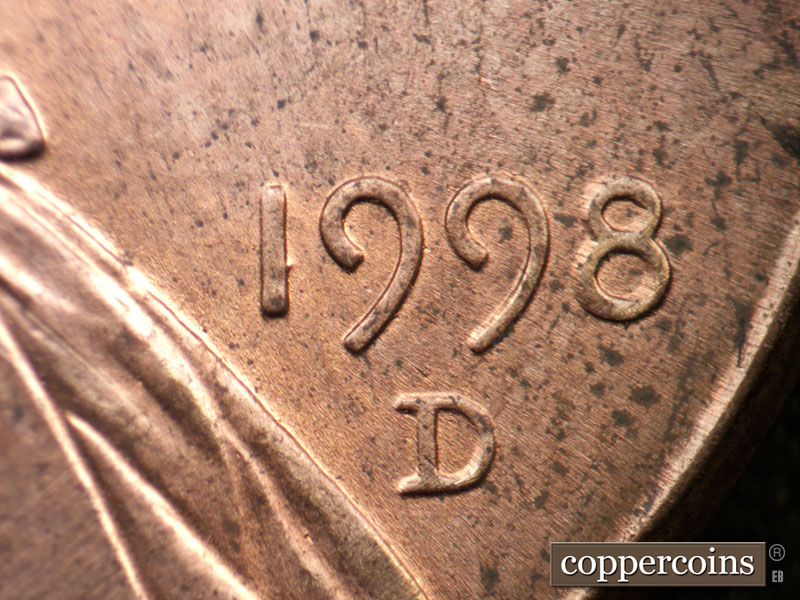 Die-stage B marker on 1998D•1DR•005 (1998 Doubled Die Reverse).